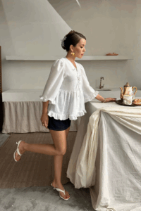 KETEN BLUZ ÖNDEN BAĞLAMALI FIRFIR DETAYLI - Görsel 3