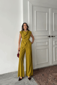 TENCEL MODAL KOLSUZ BLUZ KAPALI CEP DETAYLI DÖKÜMLÜ - PANTOLON TAKIM