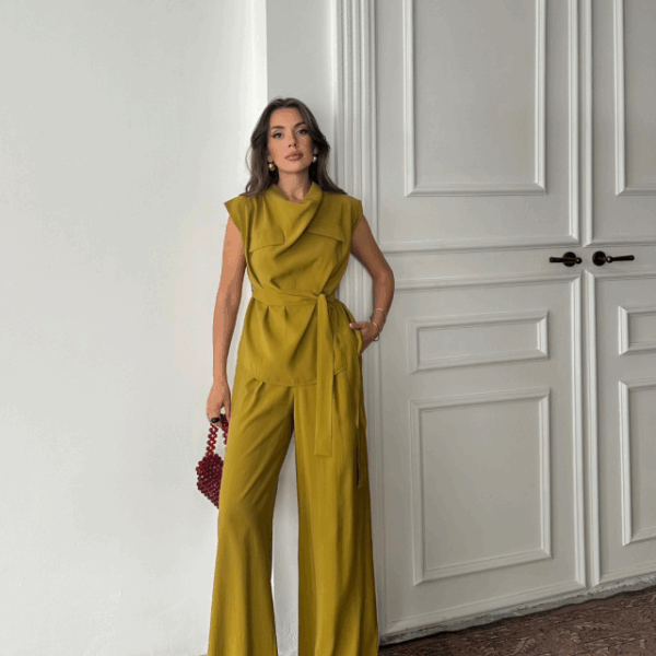 TENCEL MODAL KOLSUZ BLUZ KAPALI CEP DETAYLI DÖKÜMLÜ - PANTOLON TAKIM