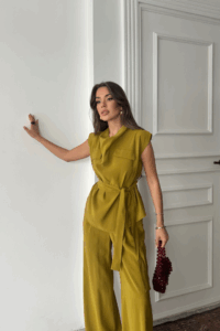 TENCEL MODAL KOLSUZ BLUZ KAPALI CEP DETAYLI DÖKÜMLÜ - PANTOLON TAKIM - Görsel 2