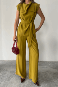 TENCEL MODAL KOLSUZ BLUZ KAPALI CEP DETAYLI DÖKÜMLÜ - PANTOLON TAKIM - Görsel 3