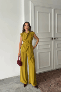 TENCEL MODAL KOLSUZ BLUZ KAPALI CEP DETAYLI DÖKÜMLÜ - PANTOLON TAKIM - Görsel 4