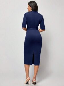 Kadın Kısa Kollu Yakalı Kruvaze Yakalı Beli Kemerli Midi Modal Elbise - Görsel 4