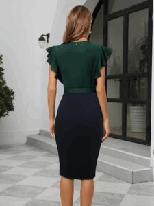 Kadın Kısa Kollu Kruvaze Yaka Beli Kuşaklı Blok Desenli Ithal Krep Elbise - Görsel 3