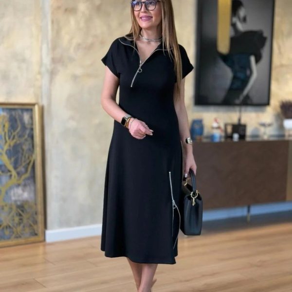 Kadın Kısa Kollu Yakadan Ve Etekten Fermuarlı Midi Viskon Iki Iplik Elbise