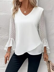 Kadın Uzun Kollu V Yakalı Kolları Ispanyol Detayı Sandy Bluz - Görsel 4