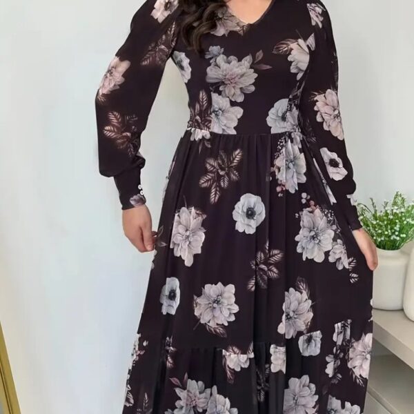 Kadın Uzun Kollu V Yakalı çiçek Desenli Maxi Süprem Elbise