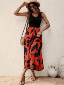 Kadın Askılı Yuvarlak Yaka üst Viskon Alt Desenli Uzun Süprem Elbise - Görsel 4