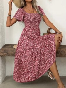 Kadın Kısa Kollu Gipe Detaylı Desenli Midi Süprem Elbise - Görsel 2