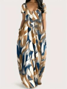 Kadın Kısa Kollu Yuvarlak Yaka Cepli Salaş Baskılı Süprem Elbise - Görsel 3