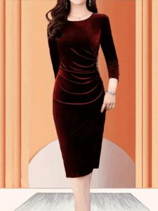 Kadın Uzun Kollu Bot Yaka Yanı Taş Detaylı Midi Kadife Elbise - Görsel 3