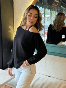 Kadın Uzun Kollu Tek Omuz Askı Detay Salaş Viskon Iki Iplik Bluz - Görsel 12