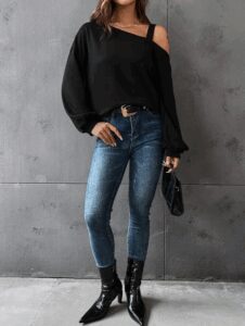 Kadın Uzun Kollu Tek Omuz Askı Detay Salaş Viskon Iki Iplik Bluz - Görsel 7