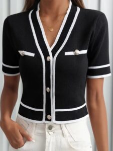 Kadın Kısa Kollu önden Düğmeli Triko Bluz - Görsel 5