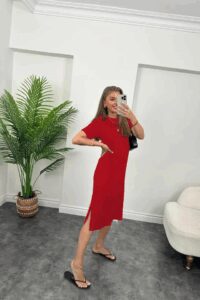 Kadın Kısa Kollu Yırtmaç Detaylı Salaş Viskon Elbise - Görsel 2