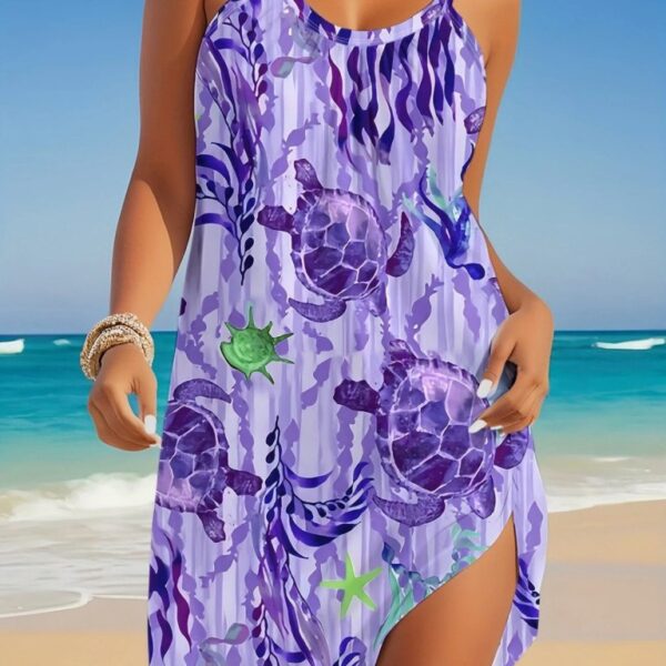 Kadın Askılı Yuvarlak Yaka Kaplumbağa Desenli Süprem Elbise