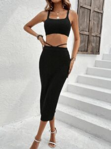Kadın Askılı Crop Bel Detaylı Derin Yırtmaçlı Etek Triko Ikili Takım - Görsel 2