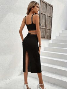 Kadın Askılı Crop Bel Detaylı Derin Yırtmaçlı Etek Triko Ikili Takım - Görsel 4