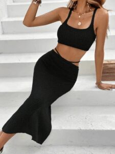 Kadın Askılı Crop Bel Detaylı Derin Yırtmaçlı Etek Triko Ikili Takım - Görsel 5
