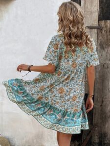 Kadın Kısa Kollu Yakası Bağcıklı önden Düğmeli Fırfır Desenli Süprem Elbise - Görsel 2