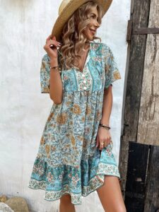 Kadın Kısa Kollu Yakası Bağcıklı önden Düğmeli Fırfır Desenli Süprem Elbise - Görsel 3