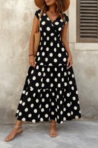 Kadın Kısa Kollu Kruvaze Yaka Beli Lastikli Süprem Maksi Boy Elbise - Görsel 2