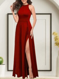 Kadınhalter Yaka Derin Yırtmaç Detaylı Tam Boy Ithal Krep Abiye Elbise - Görsel 3