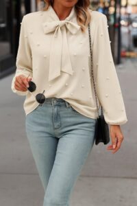 Kadın Uzun Kollu Yakadan Fiyonklu Incili Ithal Krep Bluz - Görsel 2