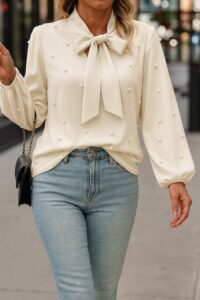 Kadın Uzun Kollu Yakadan Fiyonklu Incili Ithal Krep Bluz - Görsel 3