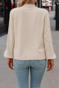 Kadın Uzun Kollu Yakadan Fiyonklu Incili Ithal Krep Bluz - Görsel 4