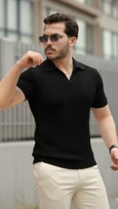Erkek Kısa Kollu Yakalı çizgi Desenli Triko Bluz