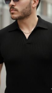 Erkek Kısa Kollu Yakalı çizgi Desenli Triko Bluz - Görsel 5