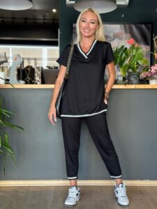 Kadın Kısa Kollu V Yakalı Iki Iplik Bluz Ve Pantolon Ikili Takım - Görsel 13