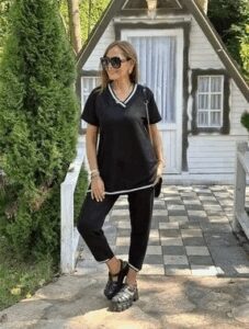 Kadın Kısa Kollu V Yakalı Iki Iplik Bluz Ve Pantolon Ikili Takım - Görsel 3