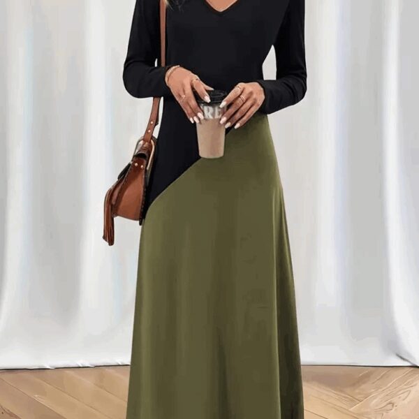 Kadın Uzun Kollu V Yakalı Blok Desenli Viskon Elbise