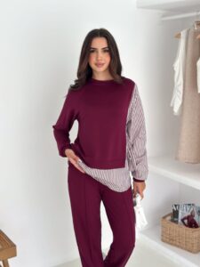 Kadın Gömlek Detay çizgili Yandan Bağlamalı Ikili Takım