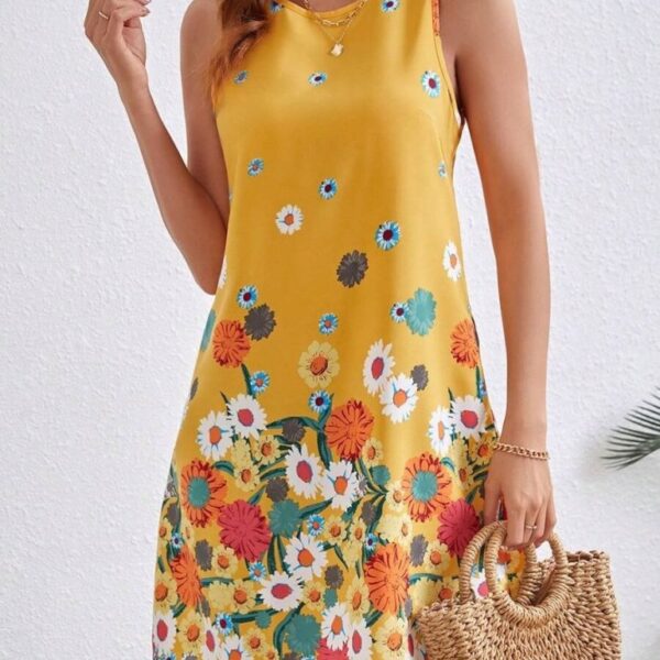 Kadın Sıfır Kollu Bisiklet Yaka çiçek Desenli Süprem Mini Elbise