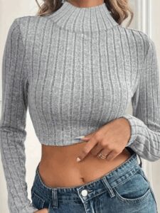 Kadın Uzun Kollu Balıkçı Yaka şardonlu Kaşkorse Krop Bluz - Görsel 2