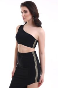 Kadın Tek Omuzlu Asimetrik Etek Şerit Detaylı Fırsat Ürün Sandy Kumaş İkili Takım - Görsel 3