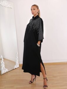 Kadın Hakim Yaka Fakir Kol Taş Detay Maxi Boy Salaş Elbise - Görsel 5