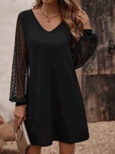 Kadın Uzun Kollu Dantelli V Yakalı Kısa Ithal Krep Elbise - Görsel 3