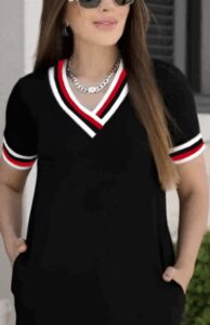 Kadın Kısa Kollu V Yaka Ve Yaka Ribana Detay Midiboy Viskon Elbise - Görsel 2