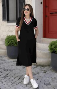 Kadın Kısa Kollu V Yaka Ve Yaka Ribana Detay Midiboy Viskon Elbise - Görsel 3