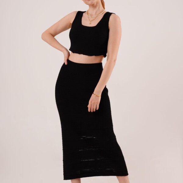 Örme Detaylı Etek Ve Bluz Siyah Takım