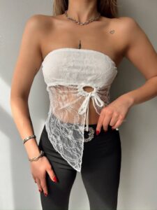 Kadın Göğüs Ve Sırt Dekolteli Transparan Dantel Detay Bluz - Görsel 5