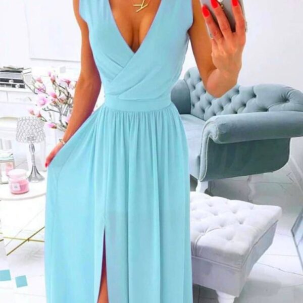 Kadın şifon Kumaş V Yaka Sıfır Kol Maxi Boy Elbise