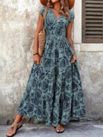 Kadın Kısa Kollu Kruvaze Yaka Beli Lastikli Süprem Maksi Boy Elbise - Görsel 3