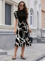 Kadın Kısa Kollu Yarı Balıkçı Yaka üst Viskon Alt Desenli Dokuma Midi Elbise - Görsel 3