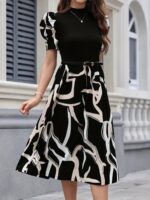 Kadın Kısa Kollu Yarı Balıkçı Yaka üst Viskon Alt Desenli Dokuma Midi Elbise - Görsel 5