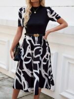 Kadın Kısa Kollu Yarı Balıkçı Yaka üst Viskon Alt Desenli Dokuma Midi Elbise - Görsel 6